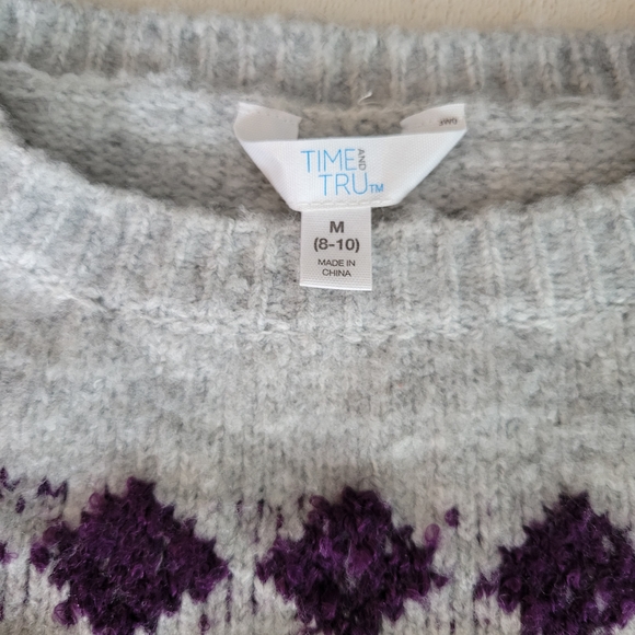 Time and Tru Heather Gray and Violet Patterned Crewneck Sweater Super Soft - Picture 3 of 8